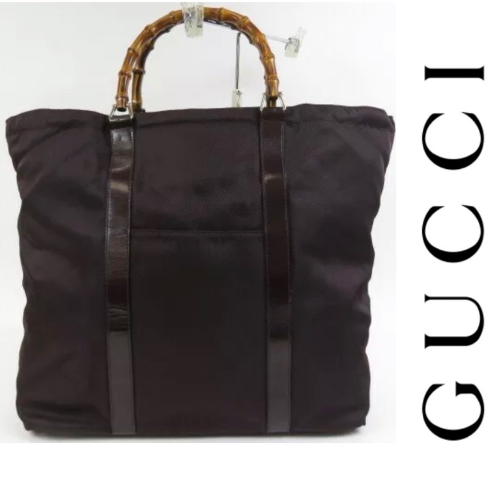 Authentic GUCCI Large Brown Nylon Leather Bamboo Hand Tote Bag Made In Italy